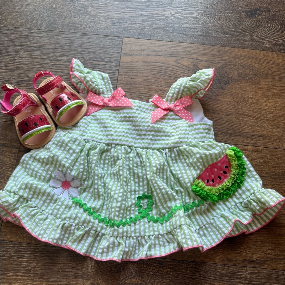 Good Lad Pink and Green Watermelon Seersucker dress with sandals Sandals